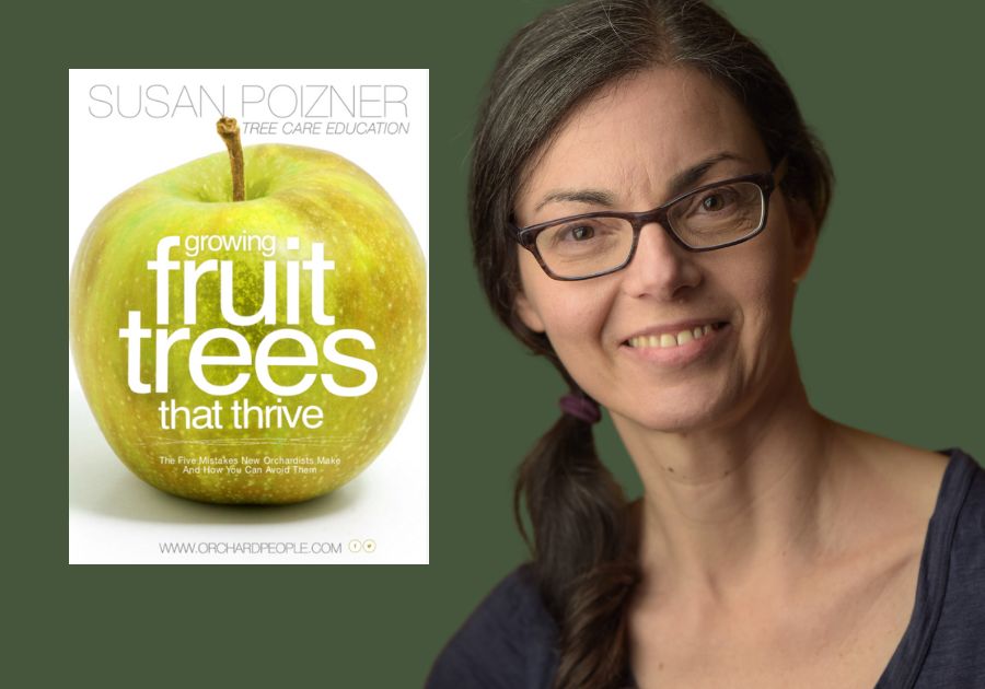 Susan Poizner and the cover of her eBook Grow Fruit Trees That Thrive