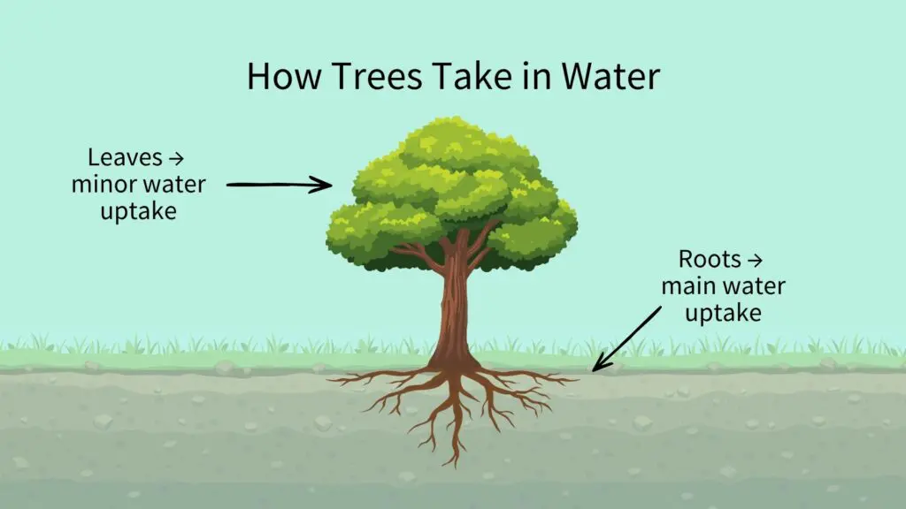 Watering and feeding fruit trees. An illustration of a tree showing 2 ways of how trees take in water. Pointing at the leaves for minor water uptake and the roots for main water uptake. Image credit: Orchard People.