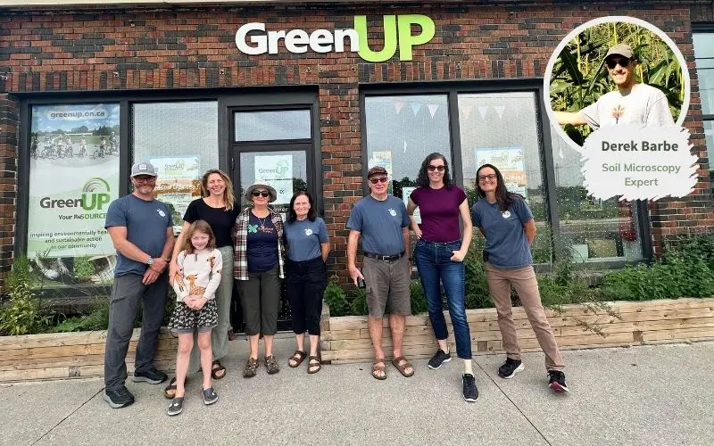 Why Fruit Trees Struggle - and What Helps Them Thrive. Susan Poizner (second from right) and Christina Balint (right) with the GreenUP team in Peterborough, Ontario, joined in this investigation by soil microscopy expert Derek Barbe (upper right). Photo credit: Orchard People.
